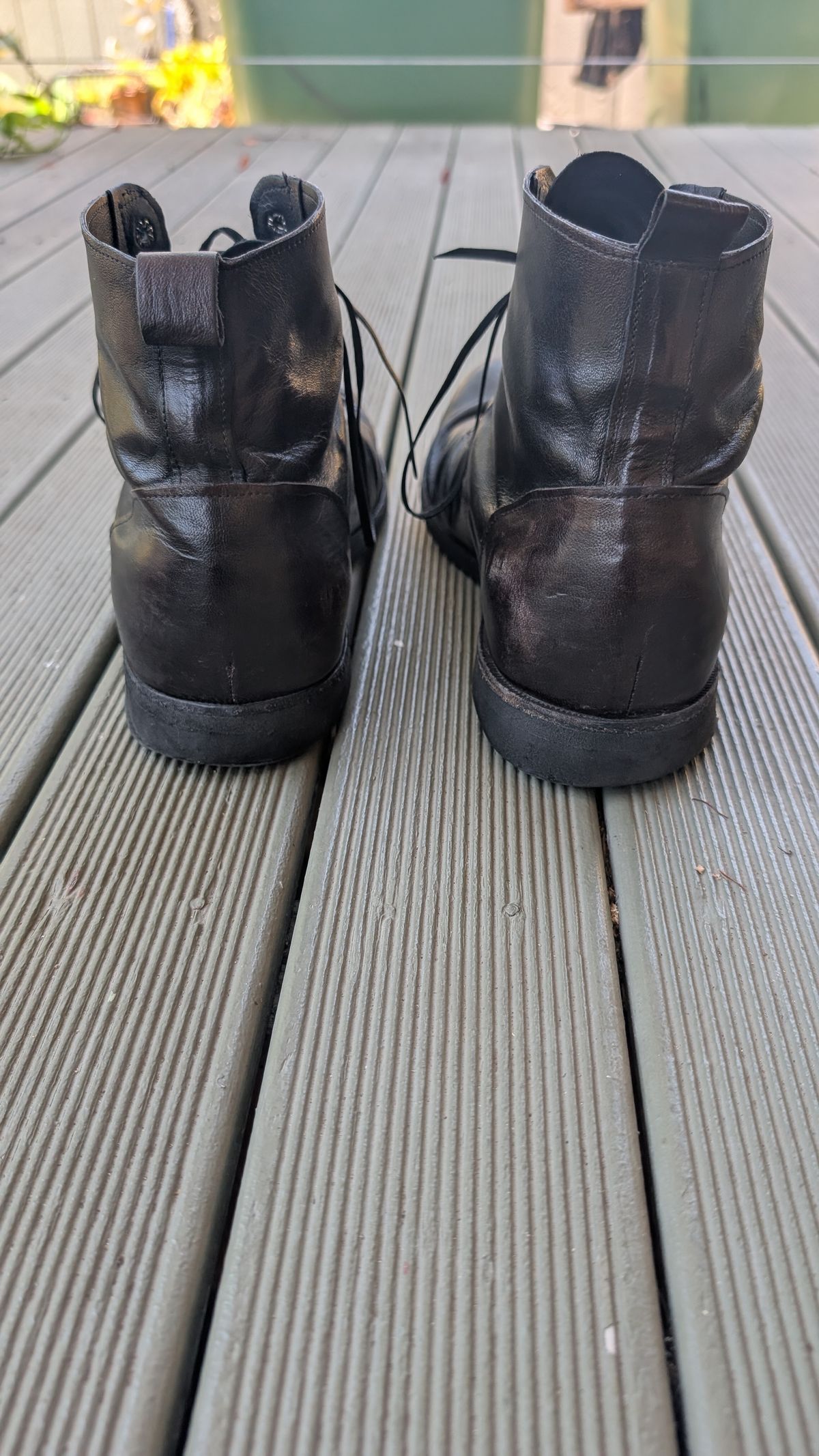 Photo by Togebough on December 6, 2025 of the Myself Dress boot style in Falconry Kangaroo Veg Tan (hand dyed Tan then black).