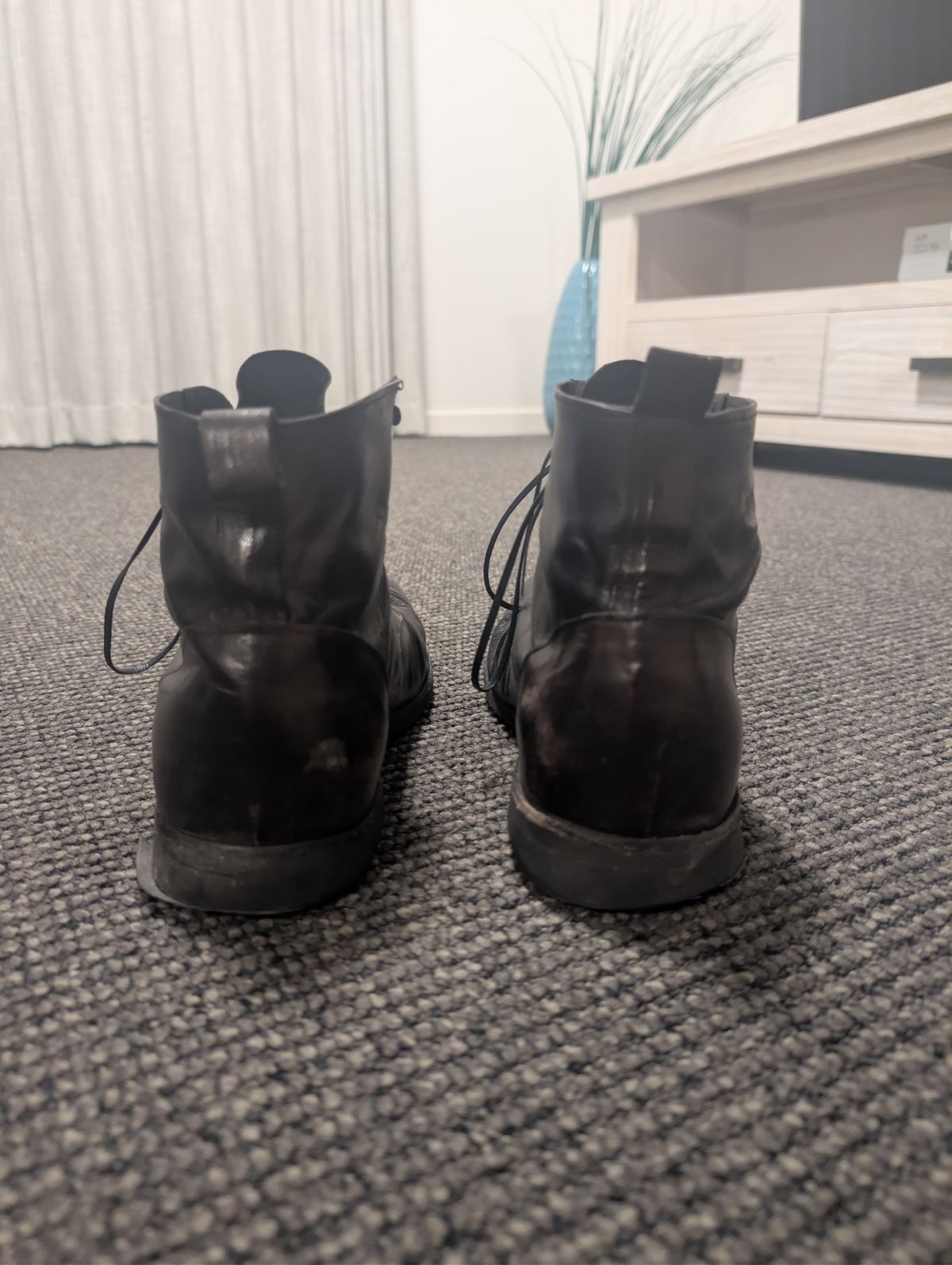 Photo by Togebough on February 5, 2026 of the Myself Dress boot style in Falconry Kangaroo Veg Tan (hand dyed Tan then black).