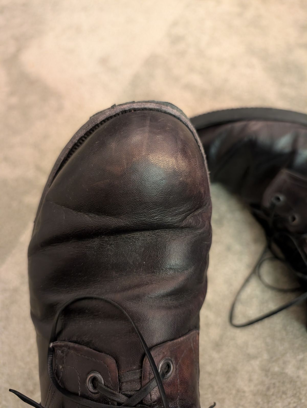 Photo by Togebough on March 3, 2026 of the Myself Dress boot style in Falconry Kangaroo Veg Tan (hand dyed Tan then black).