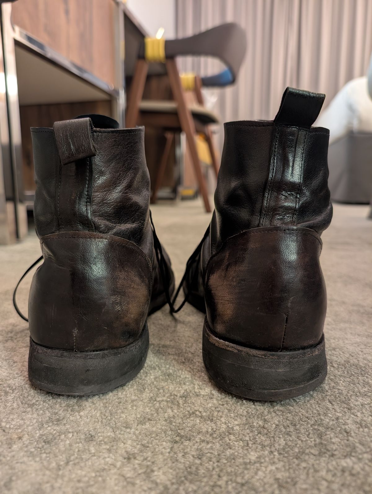 Photo by Togebough on March 3, 2026 of the Myself Dress boot style in Falconry Kangaroo Veg Tan (hand dyed Tan then black).