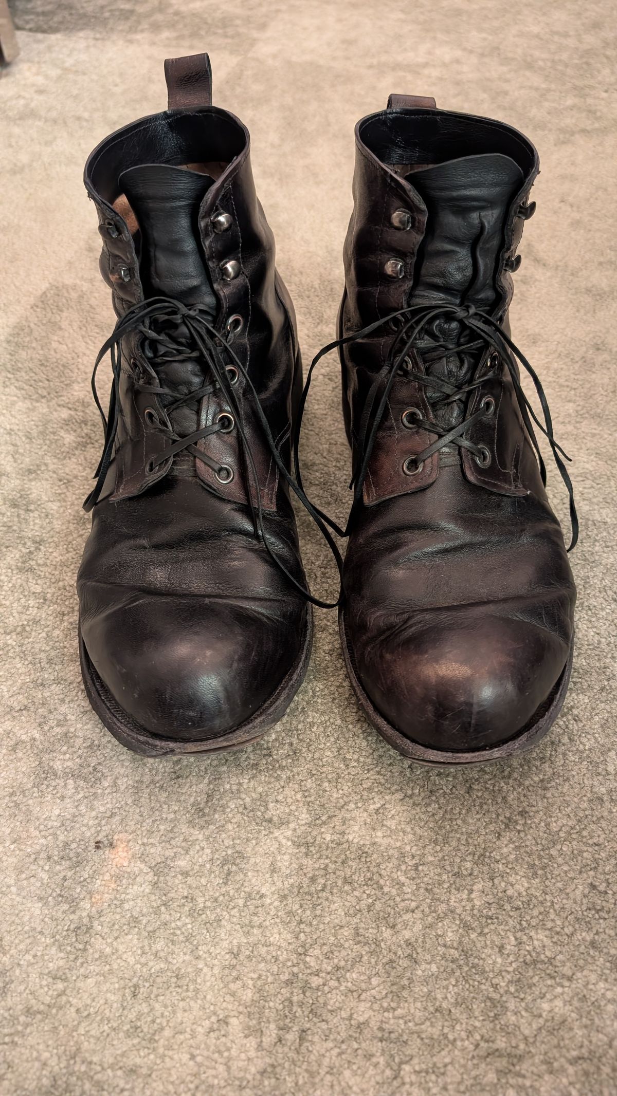 Photo by Togebough on March 3, 2026 of the Myself Dress boot style in Falconry Kangaroo Veg Tan (hand dyed Tan then black).