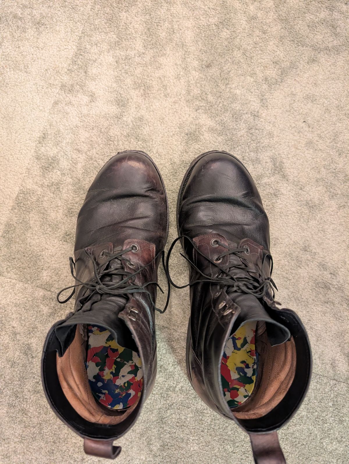 Photo by Togebough on March 3, 2026 of the Myself Dress boot style in Falconry Kangaroo Veg Tan (hand dyed Tan then black).