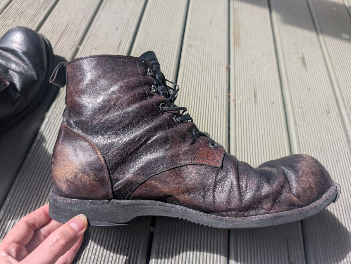 Photo by Togebough on April 4, 2026 of the Myself Dress boot style in Falconry Kangaroo Veg Tan (hand dyed Tan then black).