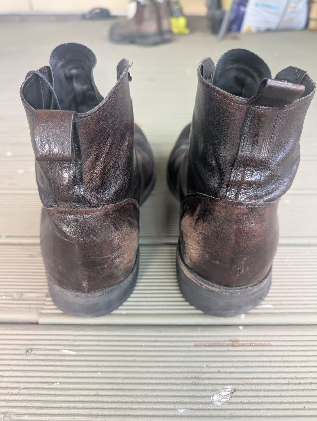 Photo by Togebough on April 4, 2026 of the Myself Dress boot style in Falconry Kangaroo Veg Tan (hand dyed Tan then black).