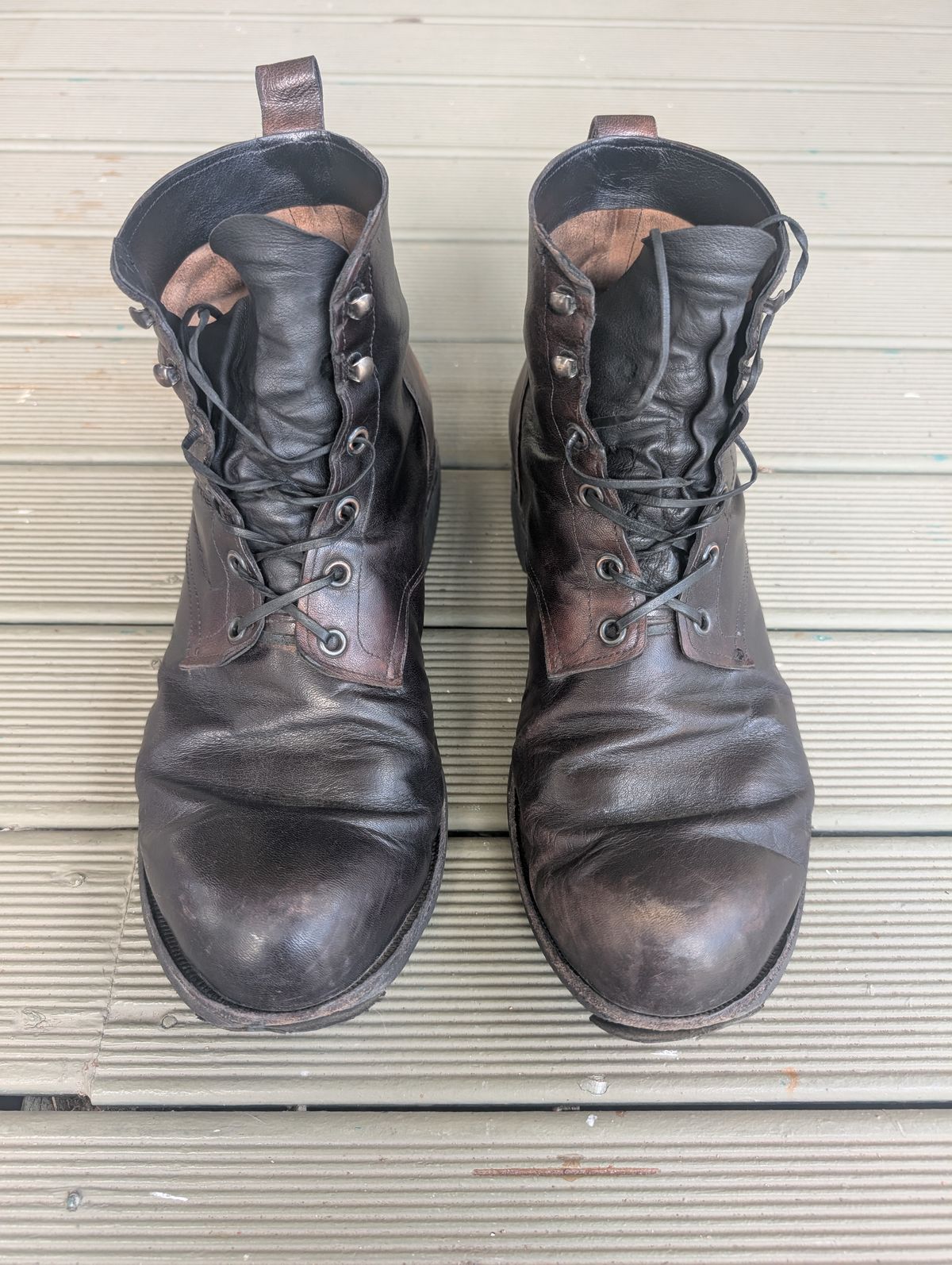Photo by Togebough on April 4, 2026 of the Myself Dress boot style in Falconry Kangaroo Veg Tan (hand dyed Tan then black).