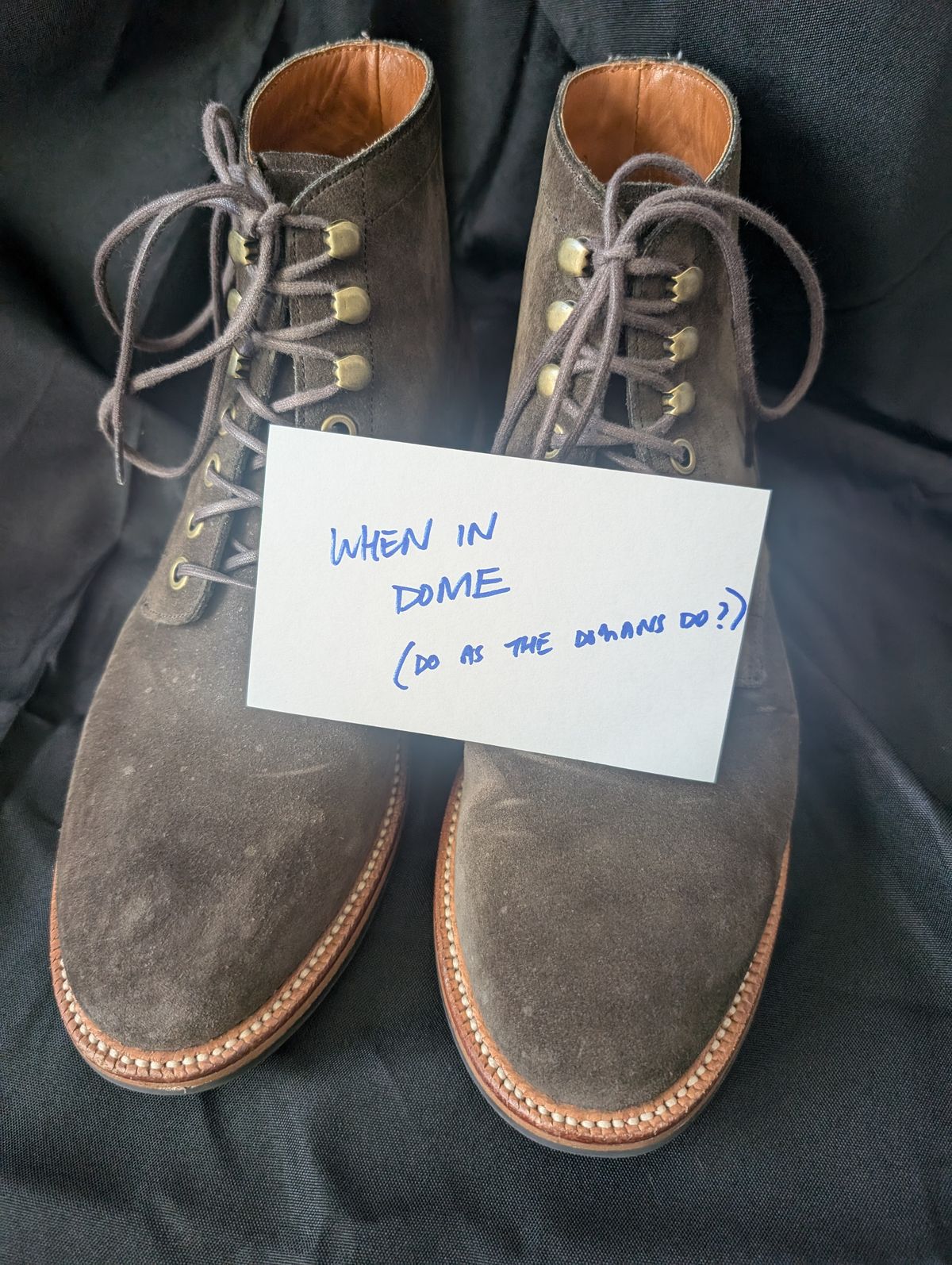 Photo by li.40 on November 4, 2024 of the Grant Stone Diesel Boot in C.F. Stead Loden Janus Calf Suede.