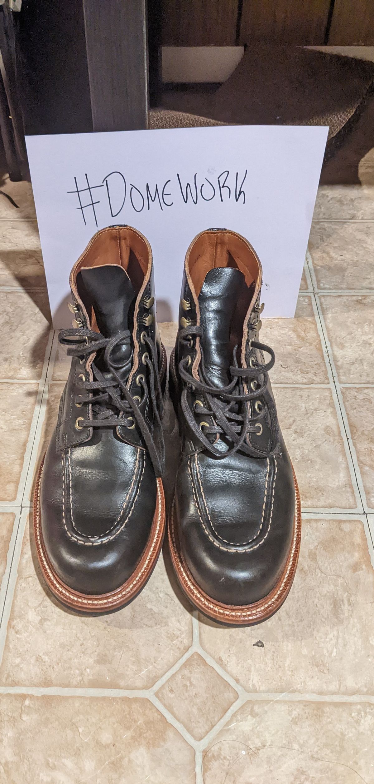 Photo by withinthenebula on October 6, 2022 of the Grant Stone Brass Boot in Horween Black Chromexcel.