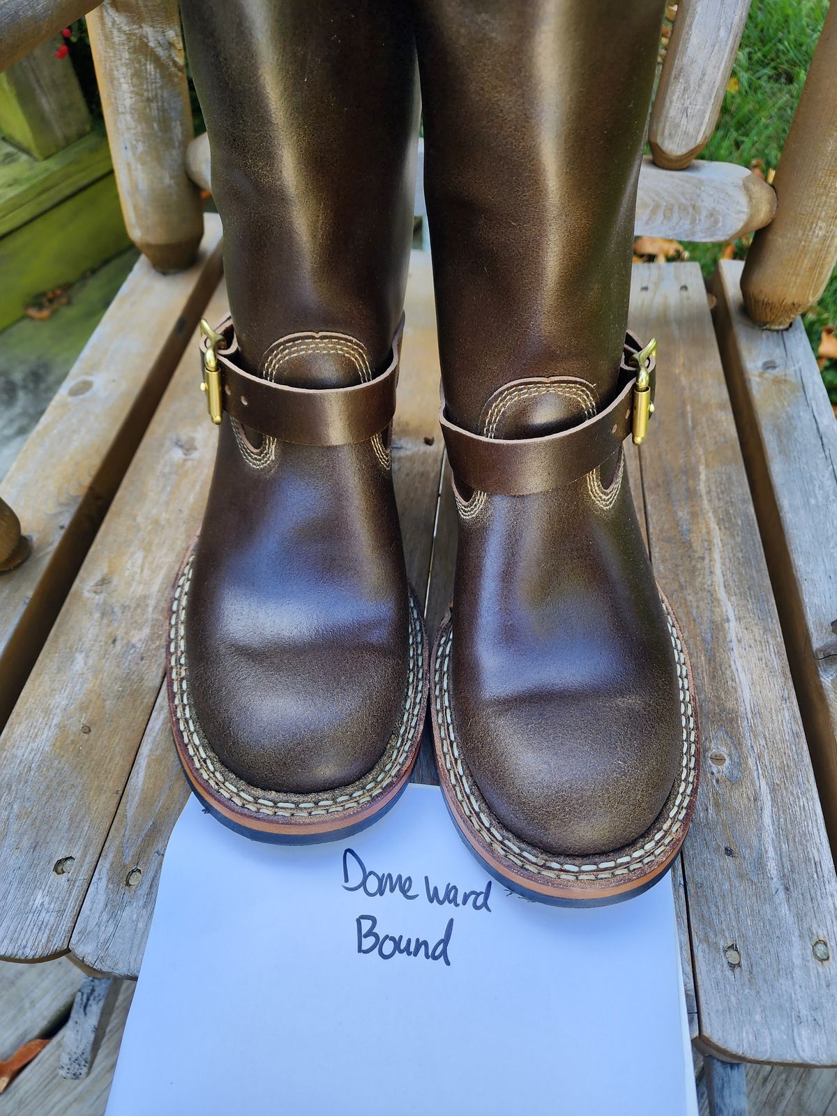 Photo by Colonel_Jiggles on October 5, 2023 of the White's Nomad Engineer Boots in Horween Olive Waxed Flesh.