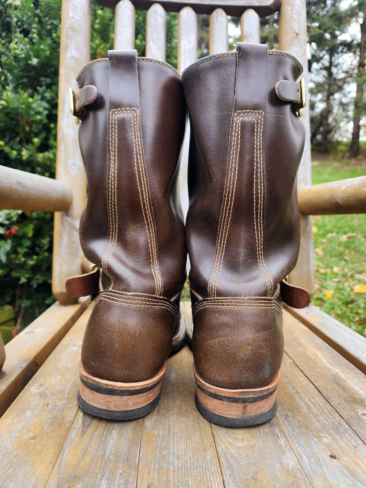 Photo by Colonel_Jiggles on November 1, 2023 of the White's Nomad Engineer Boots in Horween Olive Waxed Flesh.