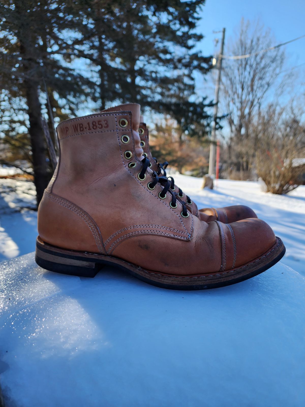 Photo by Colonel_Jiggles on February 2, 2023 of the White's MP-Sherman Toe Cap in Wickett & Craig Natural Veg Tan.