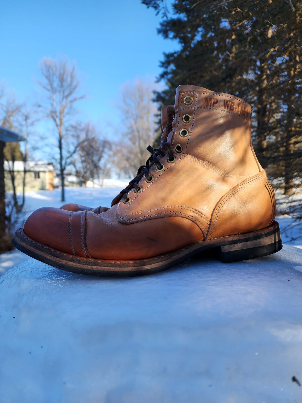 Photo by Colonel_Jiggles on February 2, 2023 of the White's MP-Sherman Toe Cap in Wickett & Craig Natural Veg Tan.