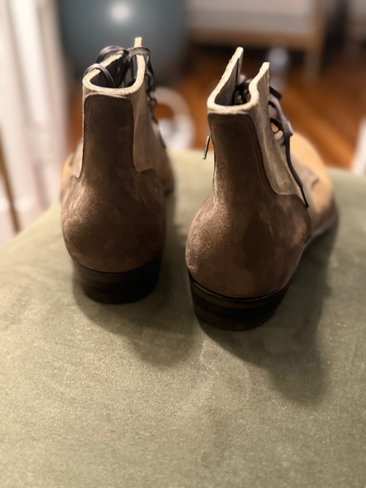 Photo by minus on October 1, 2025 of the NF Bootmaker Milton Boot in Horween Reverse Steel Predator & CF Stead Gingerbread Waxed Oasis & C.F. Stead Loden Kudu Reverse.