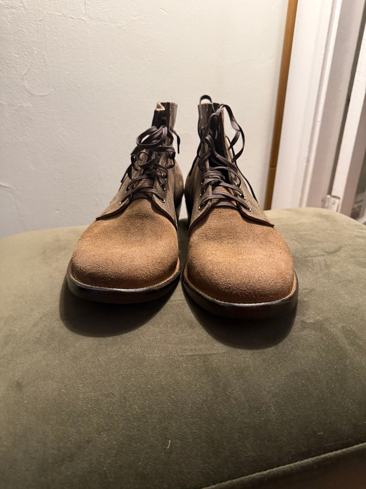 Photo by minus on October 1, 2025 of the NF Bootmaker Milton Boot in Horween Reverse Steel Predator & CF Stead Gingerbread Waxed Oasis & C.F. Stead Loden Kudu Reverse.