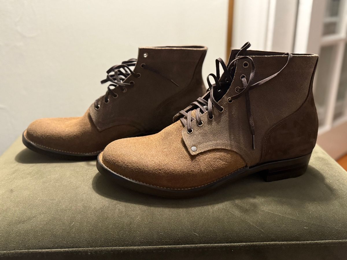 Photo by minus on October 1, 2025 of the NF Bootmaker Milton Boot in Horween Reverse Steel Predator & CF Stead Gingerbread Waxed Oasis & C.F. Stead Loden Kudu Reverse.