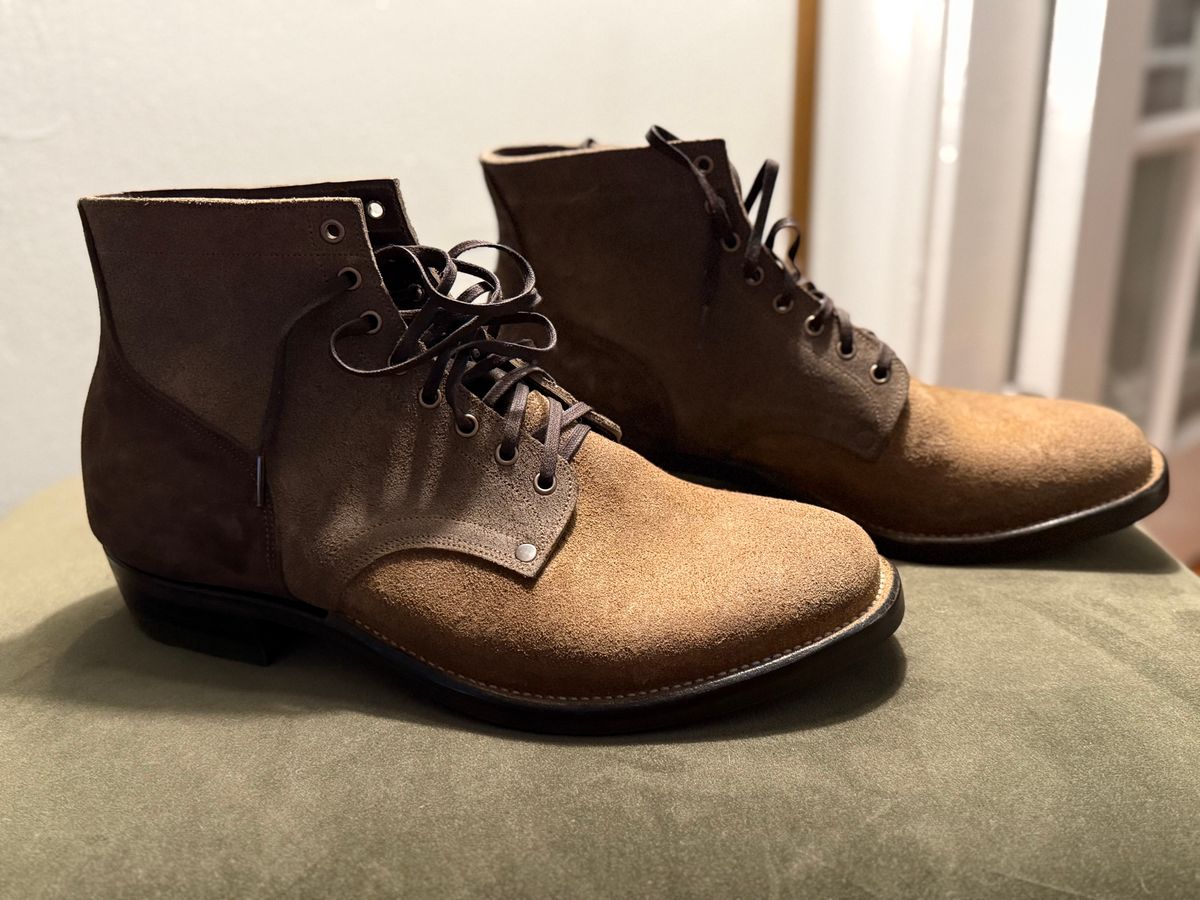 Photo by minus on October 1, 2025 of the NF Bootmaker Milton Boot in Horween Reverse Steel Predator & CF Stead Gingerbread Waxed Oasis & C.F. Stead Loden Kudu Reverse.