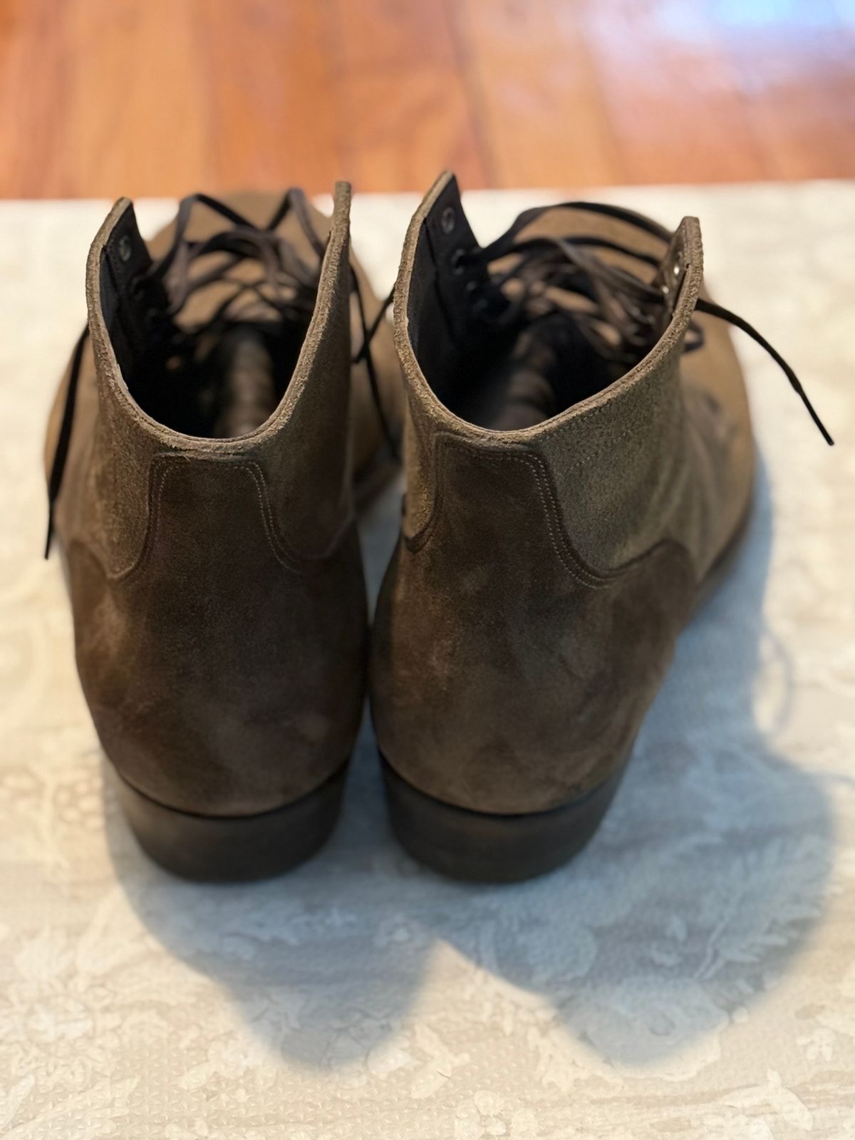 Photo by minus on November 5, 2025 of the NF Bootmaker Milton Boot in Horween Reverse Steel Predator & CF Stead Gingerbread Waxed Oasis & C.F. Stead Loden Kudu Reverse.