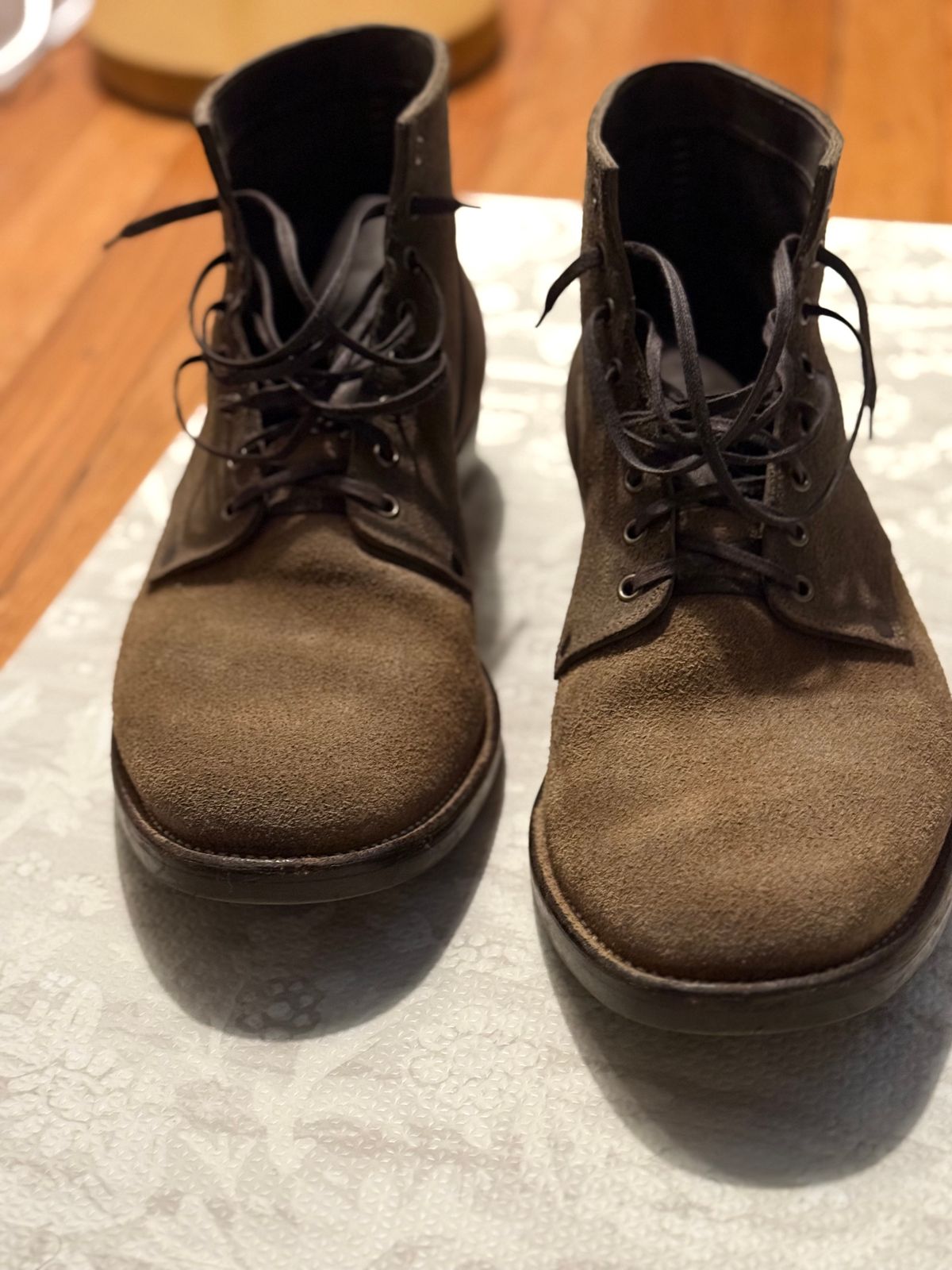 Photo by minus on November 6, 2025 of the NF Bootmaker Milton Boot in Horween Reverse Steel Predator & CF Stead Gingerbread Waxed Oasis & C.F. Stead Loden Kudu Reverse.