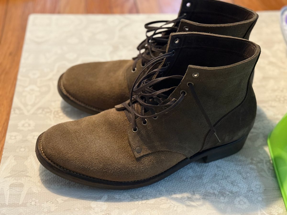 Photo by minus on November 5, 2025 of the NF Bootmaker Milton Boot in Horween Reverse Steel Predator & CF Stead Gingerbread Waxed Oasis & C.F. Stead Loden Kudu Reverse.