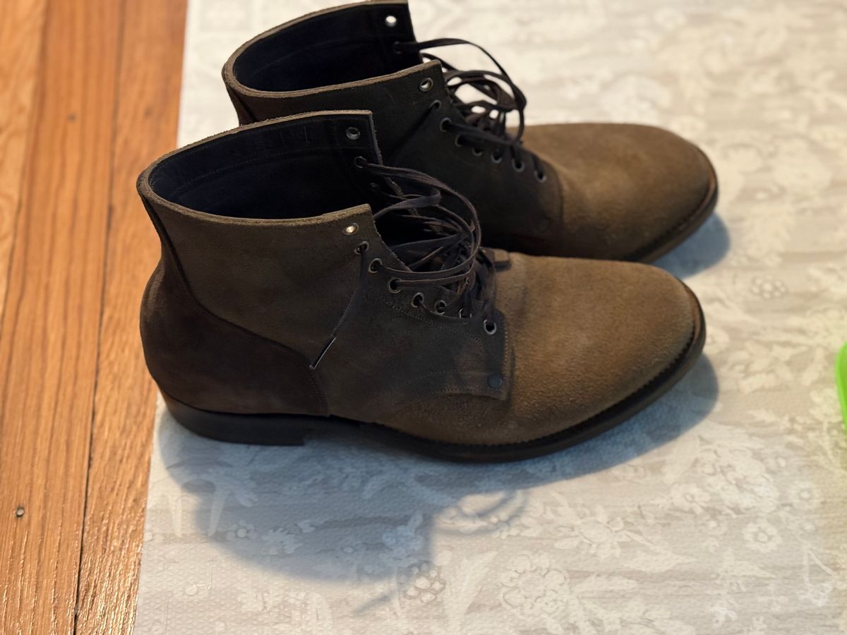 Photo by minus on November 5, 2025 of the NF Bootmaker Milton Boot in Horween Reverse Steel Predator & CF Stead Gingerbread Waxed Oasis & C.F. Stead Loden Kudu Reverse.