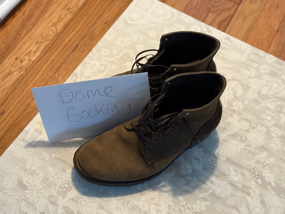 Photo by minus on November 5, 2025 of the NF Bootmaker Milton Boot in Horween Reverse Steel Predator & CF Stead Gingerbread Waxed Oasis & C.F. Stead Loden Kudu Reverse.