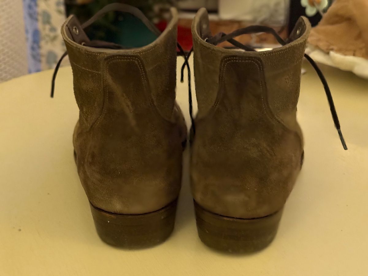 Photo by minus on December 5, 2025 of the NF Bootmaker Milton Boot in Horween Reverse Steel Predator & CF Stead Gingerbread Waxed Oasis & C.F. Stead Loden Kudu Reverse.