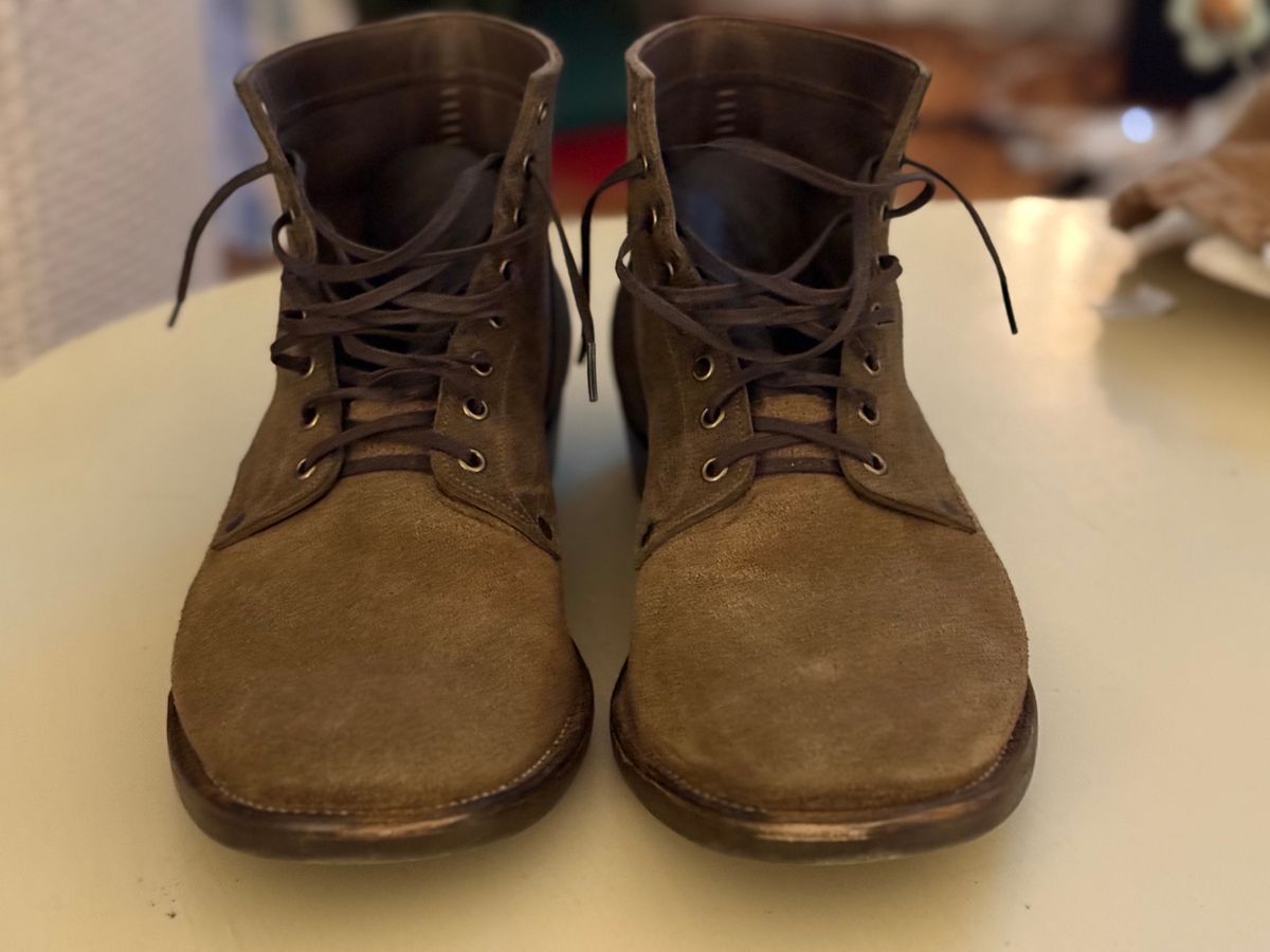 Photo by minus on December 5, 2025 of the NF Bootmaker Milton Boot in Horween Reverse Steel Predator & CF Stead Gingerbread Waxed Oasis & C.F. Stead Loden Kudu Reverse.