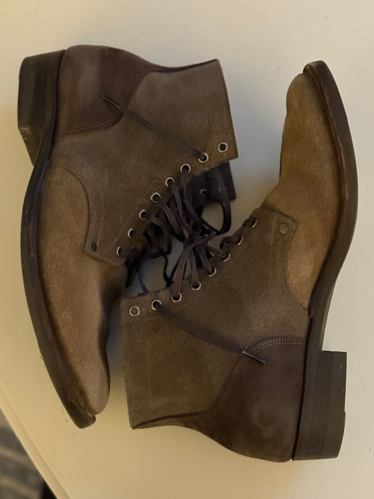 Photo by minus on December 5, 2025 of the NF Bootmaker Milton Boot in Horween Reverse Steel Predator & CF Stead Gingerbread Waxed Oasis & C.F. Stead Loden Kudu Reverse.