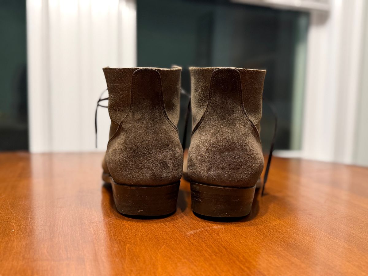 Photo by minus on January 5, 2026 of the NF Bootmaker Milton Boot in Horween Reverse Steel Predator & CF Stead Gingerbread Waxed Oasis & C.F. Stead Loden Kudu Reverse.