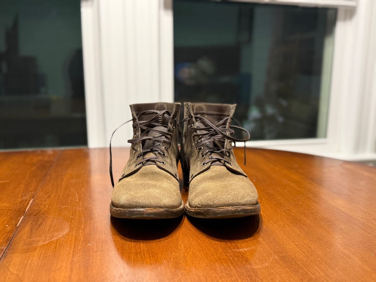 Photo by minus on January 5, 2026 of the NF Bootmaker Milton Boot in Horween Reverse Steel Predator & CF Stead Gingerbread Waxed Oasis & C.F. Stead Loden Kudu Reverse.