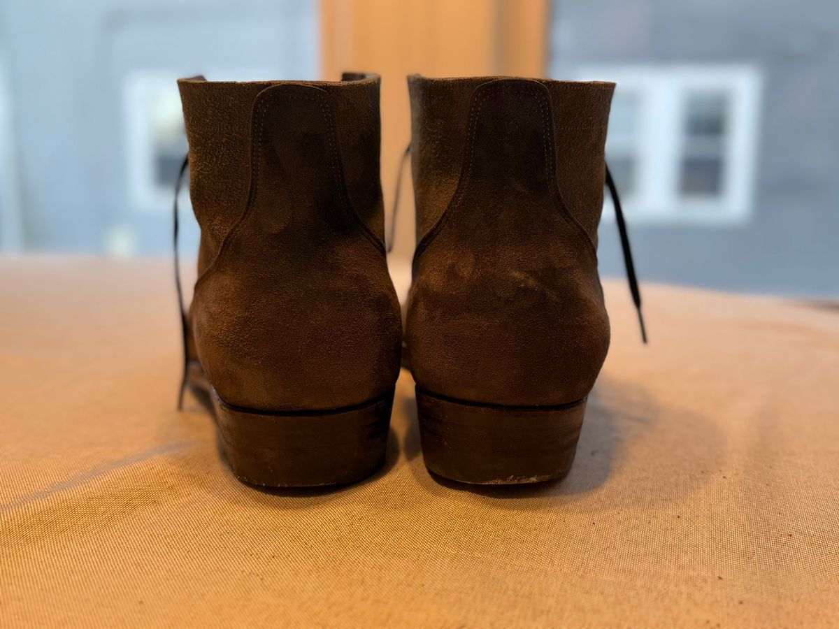 Photo by minus on February 5, 2026 of the NF Bootmaker Milton Boot in Horween Reverse Steel Predator & CF Stead Gingerbread Waxed Oasis & C.F. Stead Loden Kudu Reverse.