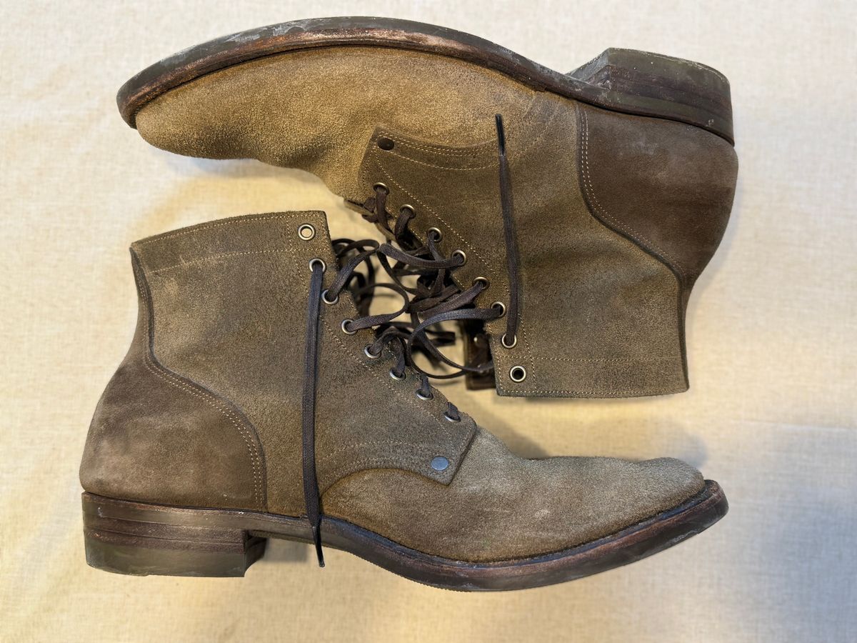 Photo by minus on February 5, 2026 of the NF Bootmaker Milton Boot in Horween Reverse Steel Predator & CF Stead Gingerbread Waxed Oasis & C.F. Stead Loden Kudu Reverse.