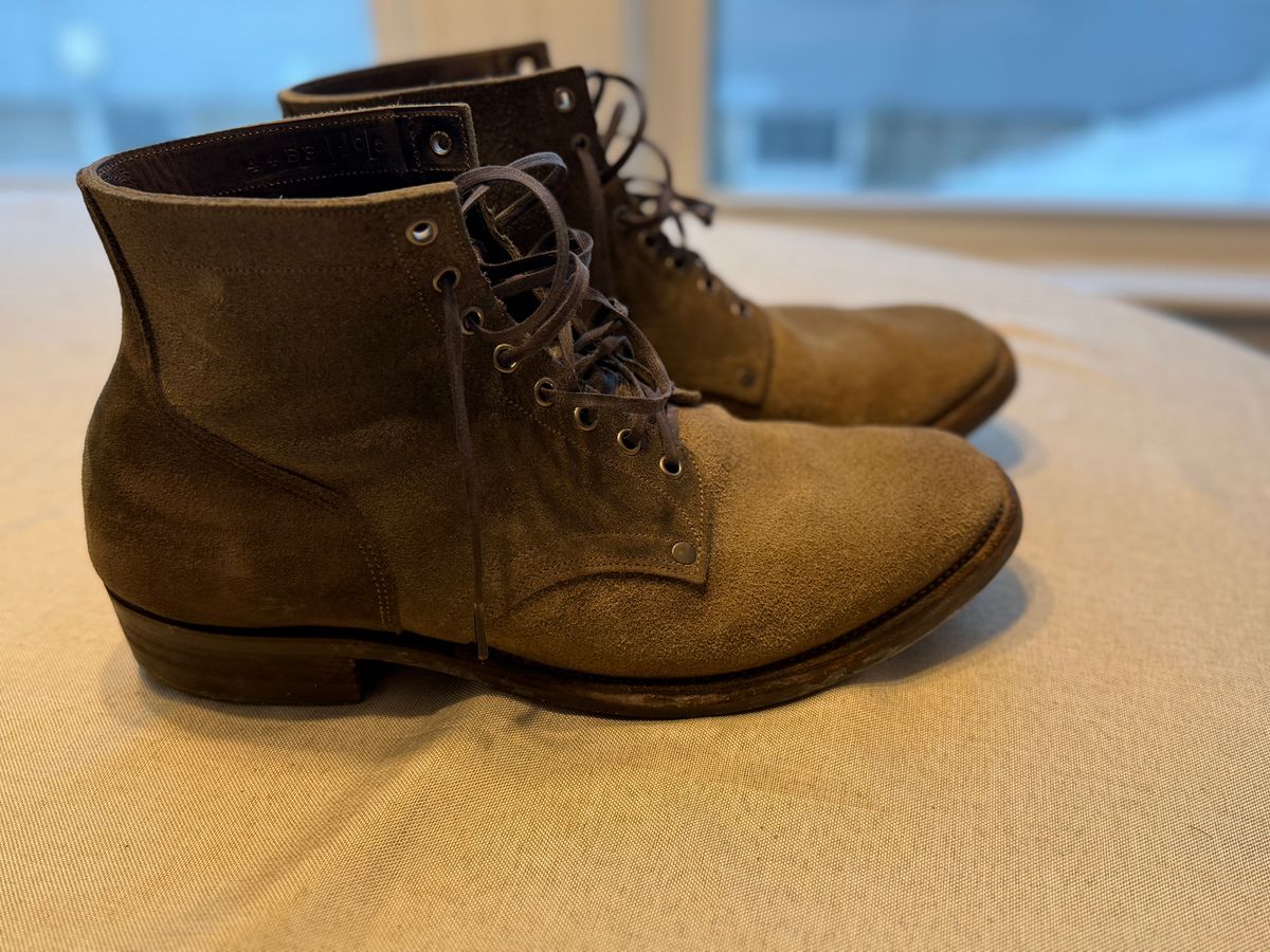 Photo by minus on February 5, 2026 of the NF Bootmaker Milton Boot in Horween Reverse Steel Predator & CF Stead Gingerbread Waxed Oasis & C.F. Stead Loden Kudu Reverse.