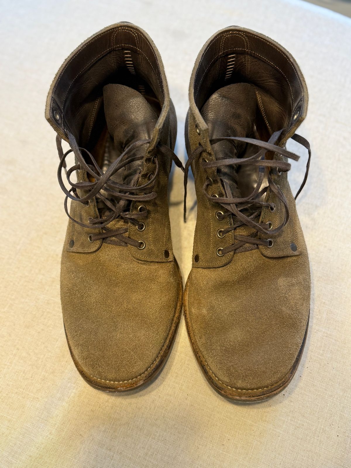 Photo by minus on February 5, 2026 of the NF Bootmaker Milton Boot in Horween Reverse Steel Predator & CF Stead Gingerbread Waxed Oasis & C.F. Stead Loden Kudu Reverse.