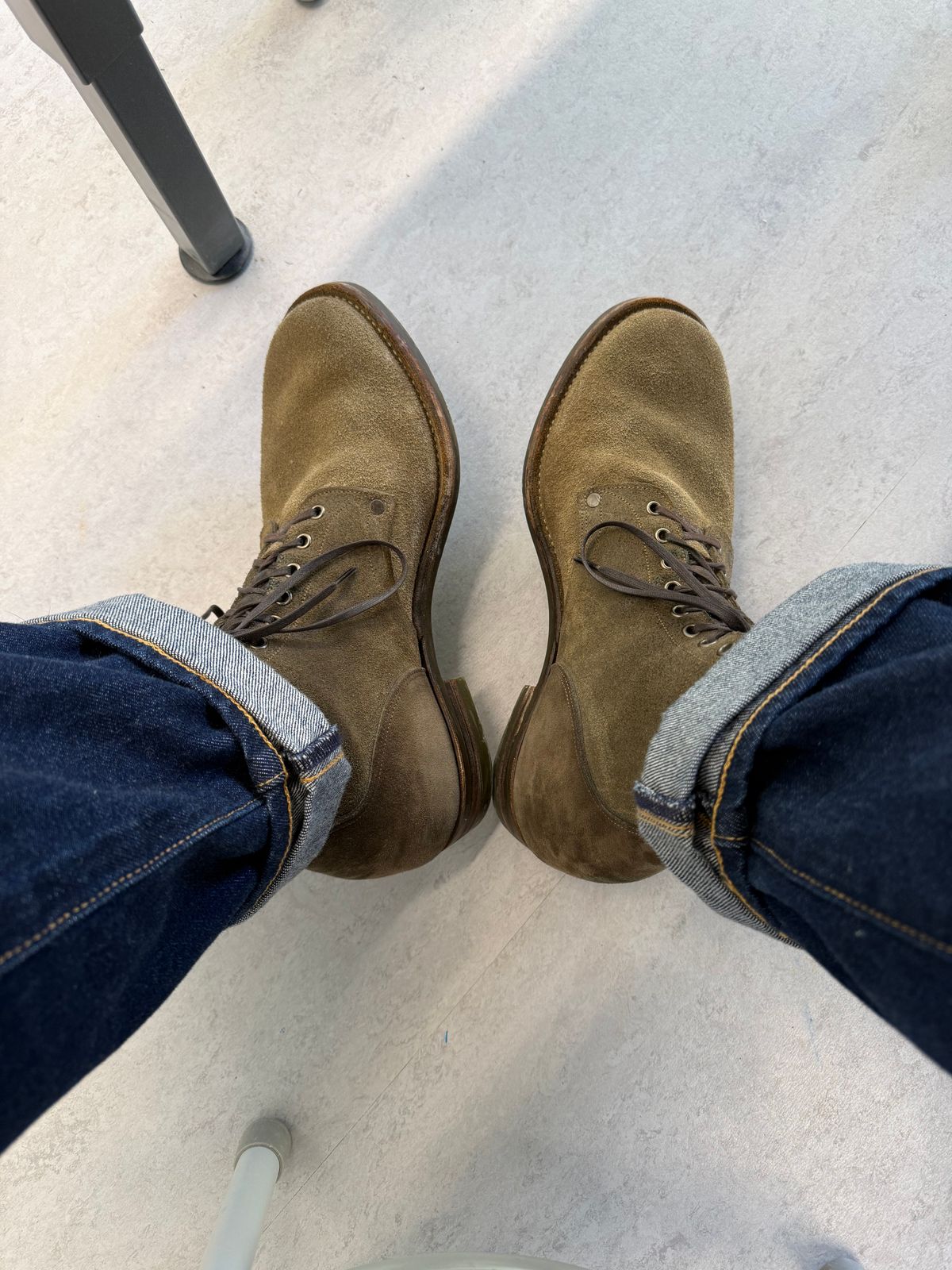 Photo by minus on March 4, 2026 of the NF Bootmaker Milton Boot in Horween Reverse Steel Predator & CF Stead Gingerbread Waxed Oasis & C.F. Stead Loden Kudu Reverse.