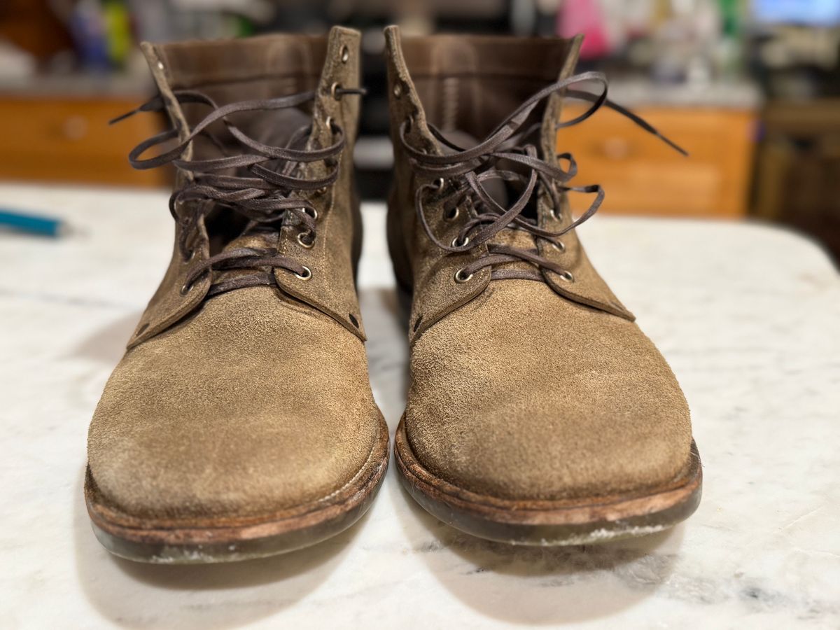 Photo by minus on March 6, 2026 of the NF Bootmaker Milton Boot in Horween Reverse Steel Predator & CF Stead Gingerbread Waxed Oasis & C.F. Stead Loden Kudu Reverse.