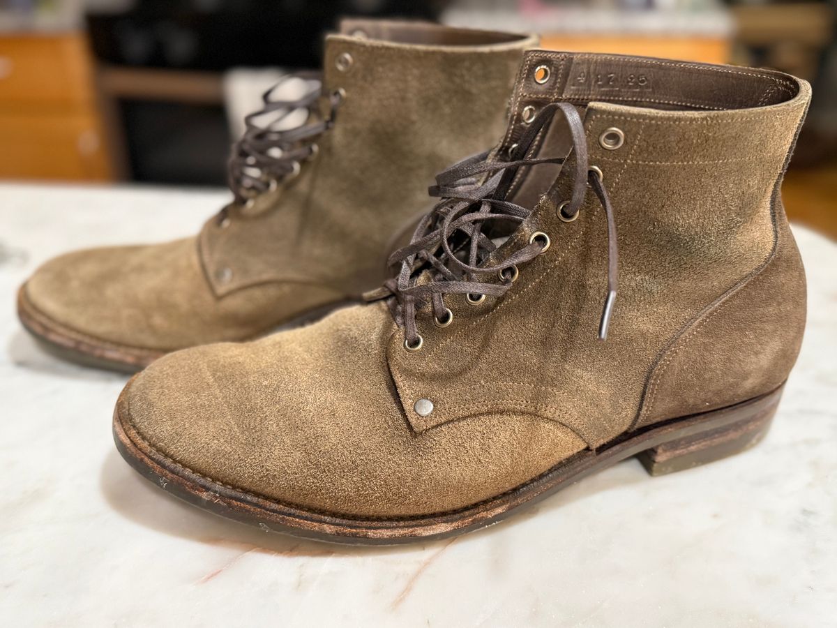 Photo by minus on March 6, 2026 of the NF Bootmaker Milton Boot in Horween Reverse Steel Predator & CF Stead Gingerbread Waxed Oasis & C.F. Stead Loden Kudu Reverse.