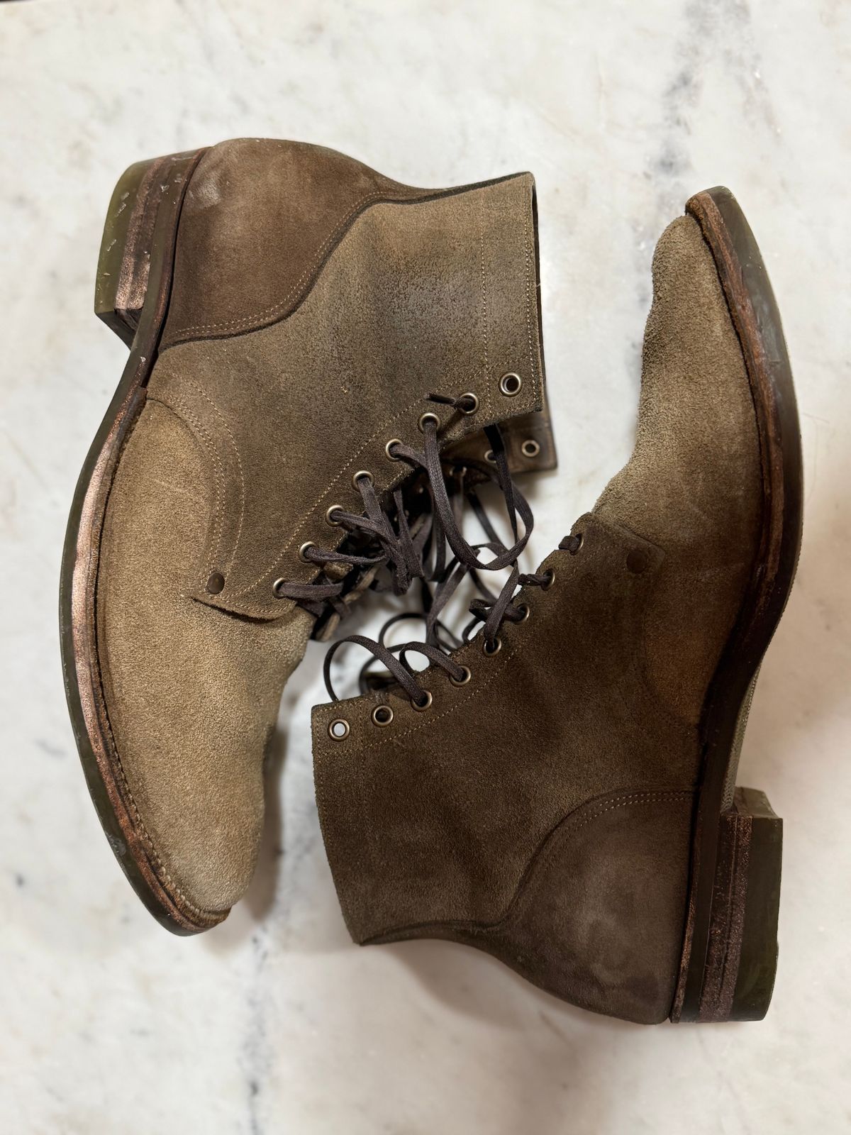 Photo by minus on March 6, 2026 of the NF Bootmaker Milton Boot in Horween Reverse Steel Predator & CF Stead Gingerbread Waxed Oasis & C.F. Stead Loden Kudu Reverse.