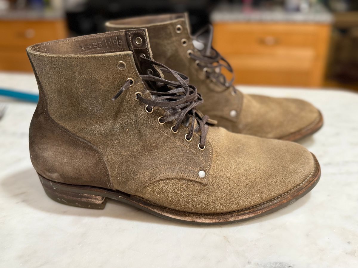 Photo by minus on March 6, 2026 of the NF Bootmaker Milton Boot in Horween Reverse Steel Predator & CF Stead Gingerbread Waxed Oasis & C.F. Stead Loden Kudu Reverse.