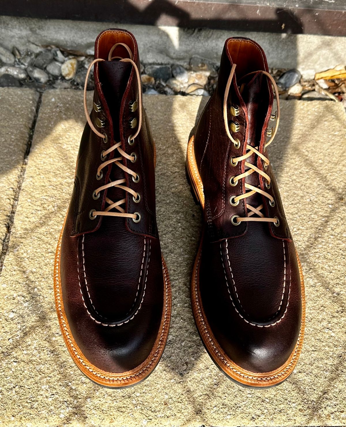 Photo by Ilyas on July 21, 2023 of the Grant Stone Brass Boot in C.F. Stead Dark Burgundy Classic Kudu.