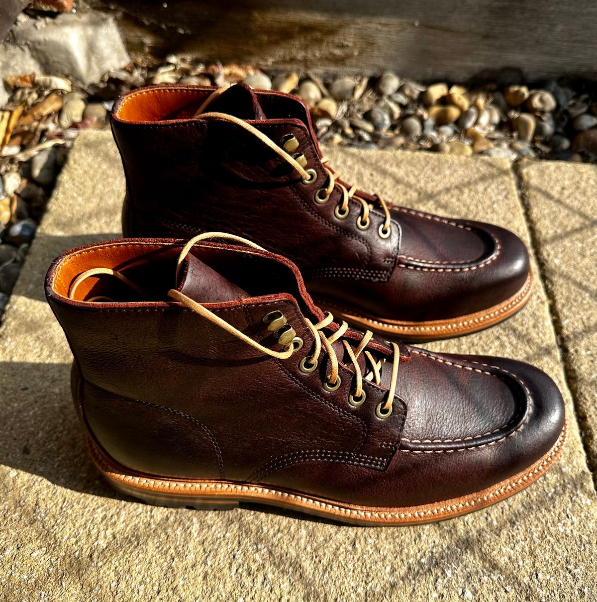 Photo by Ilyas on July 21, 2023 of the Grant Stone Brass Boot in C.F. Stead Dark Burgundy Classic Kudu.