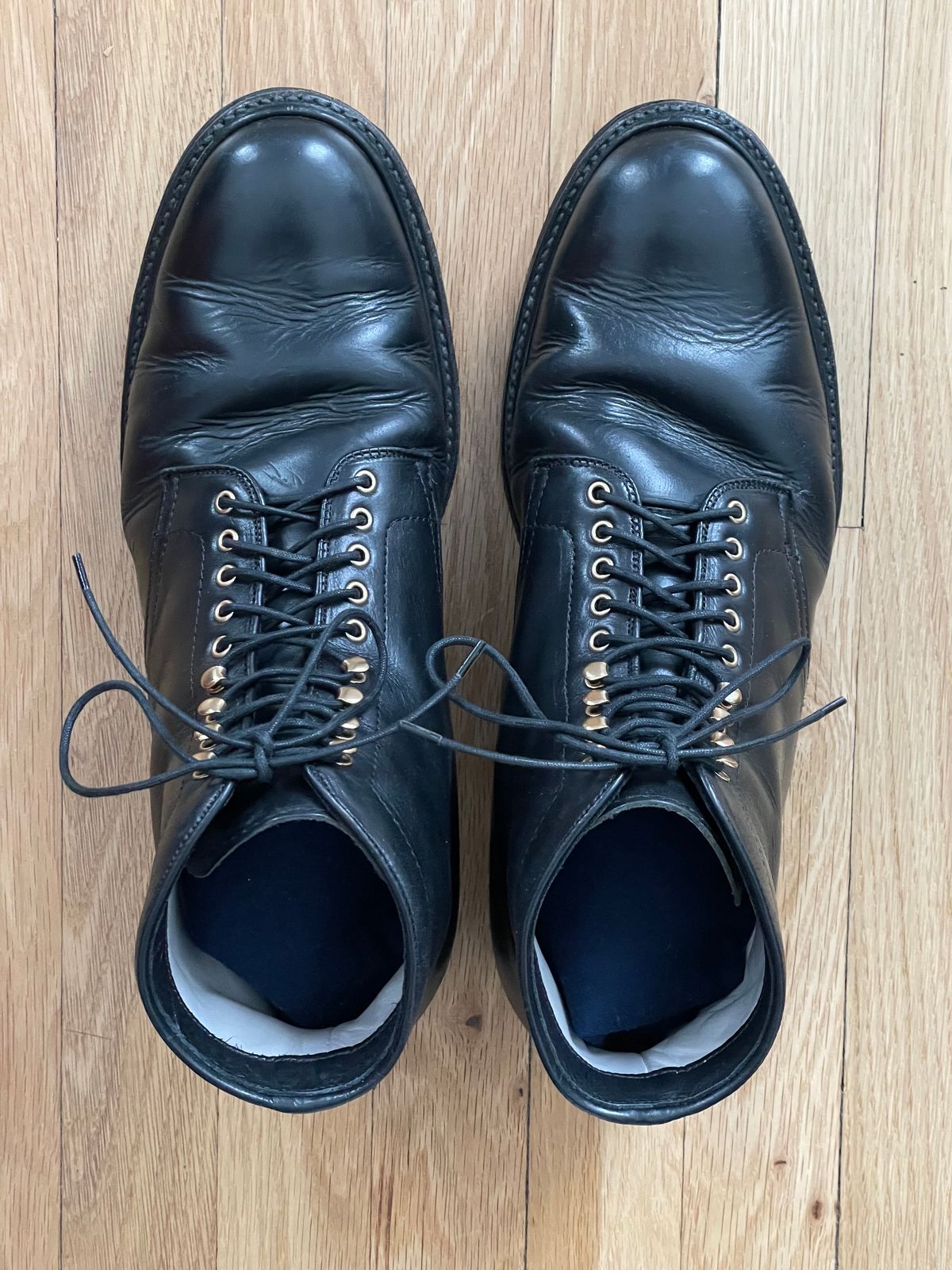 Photo by goodboots_badfeet on April 5, 2024 of the Alden Plain Toe Boot in Horween Black Chromexcel.