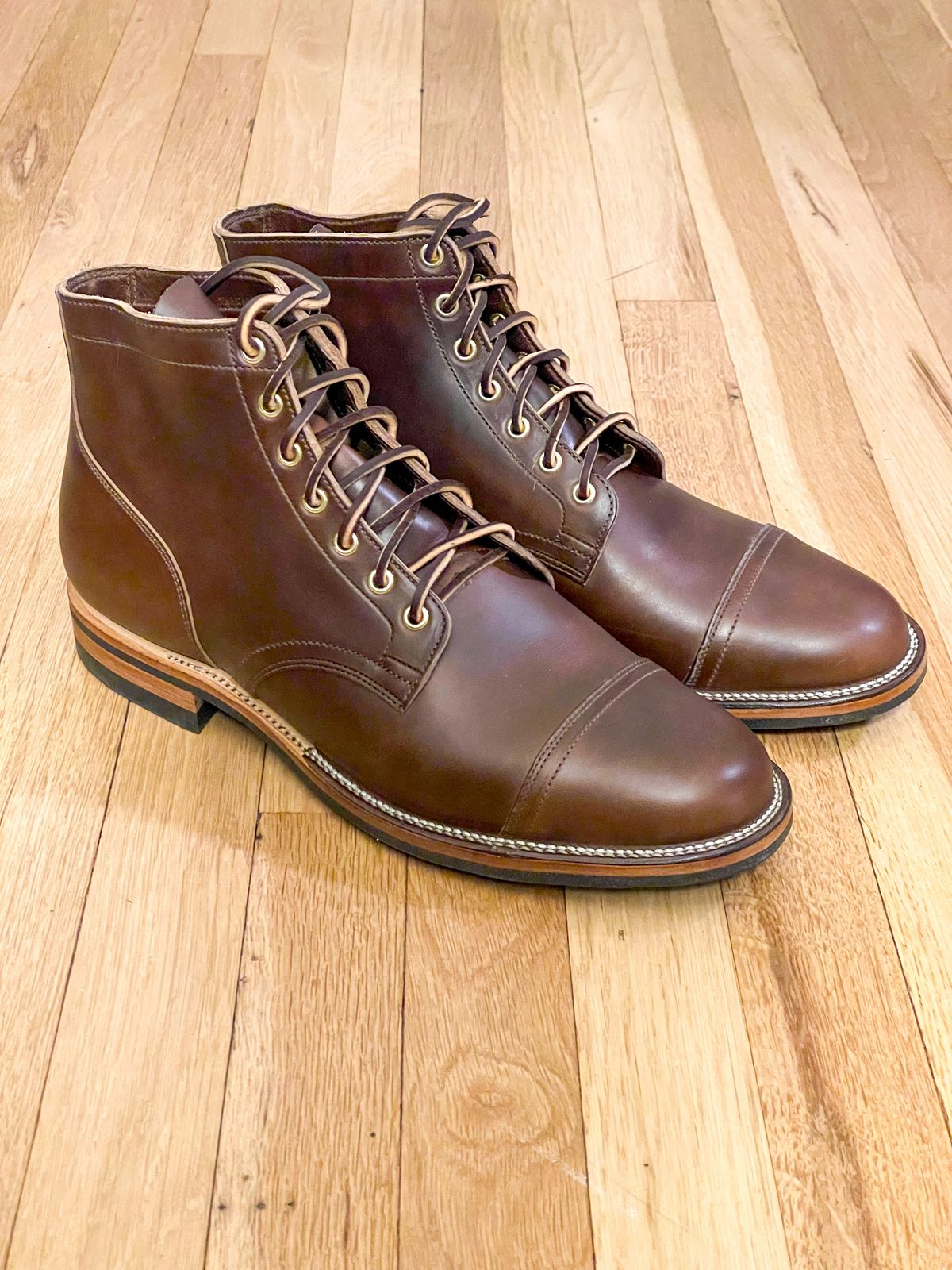 Photo by goodboots_badfeet on December 14, 2023 of the Viberg Service Boot in Horween Brown Chromexcel.