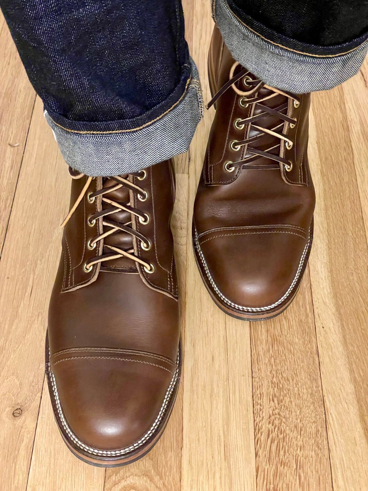 Photo by goodboots_badfeet on December 15, 2023 of the Viberg Service Boot in Horween Brown Chromexcel.