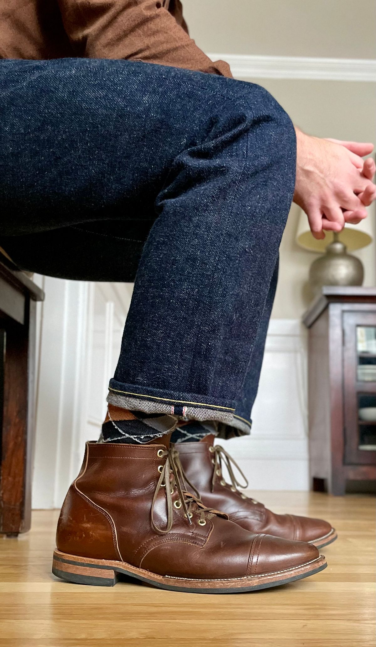 Photo by goodboots_badfeet on October 30, 2025 of the Viberg Service Boot in Horween Brown Chromexcel.