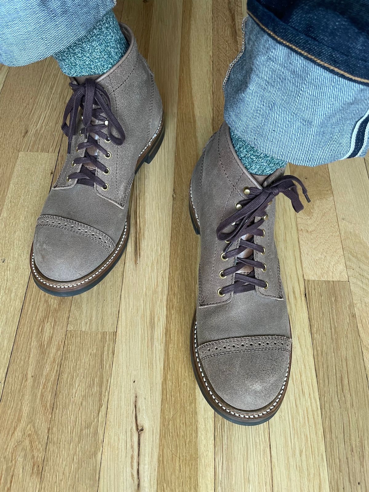 Photo by goodboots_badfeet on October 11, 2023 of the John Lofgren Combat Boots in Horween Natural Chromexcel Roughout.