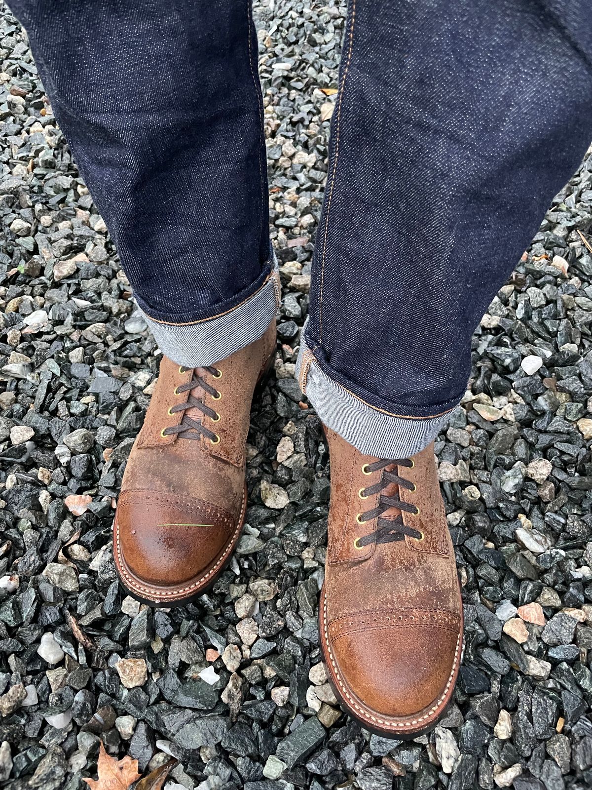 Photo by goodboots_badfeet on October 29, 2023 of the John Lofgren Combat Boots in Horween Natural Chromexcel Roughout.