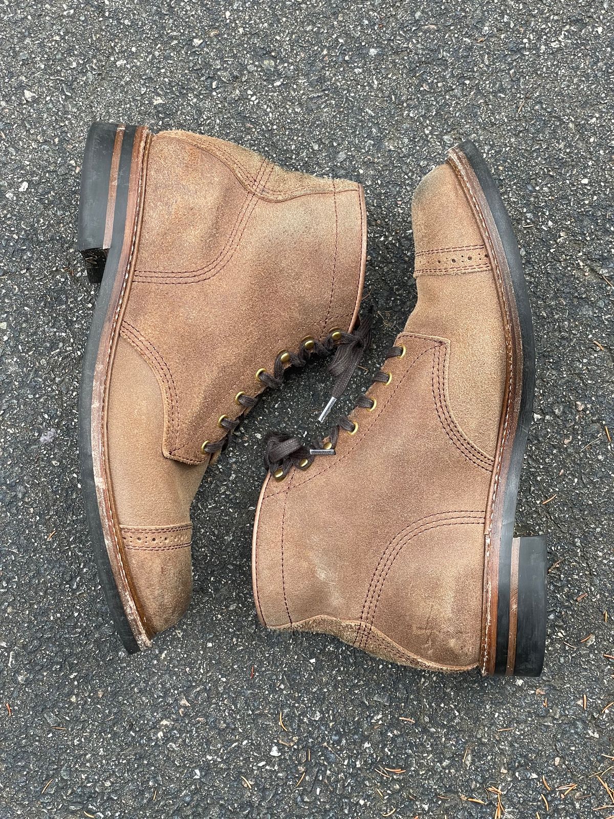 Photo by goodboots_badfeet on November 1, 2023 of the John Lofgren Combat Boots in Horween Natural Chromexcel Roughout.
