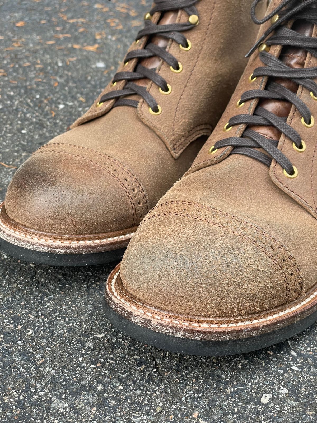Photo by goodboots_badfeet on November 1, 2023 of the John Lofgren Combat Boots in Horween Natural Chromexcel Roughout.