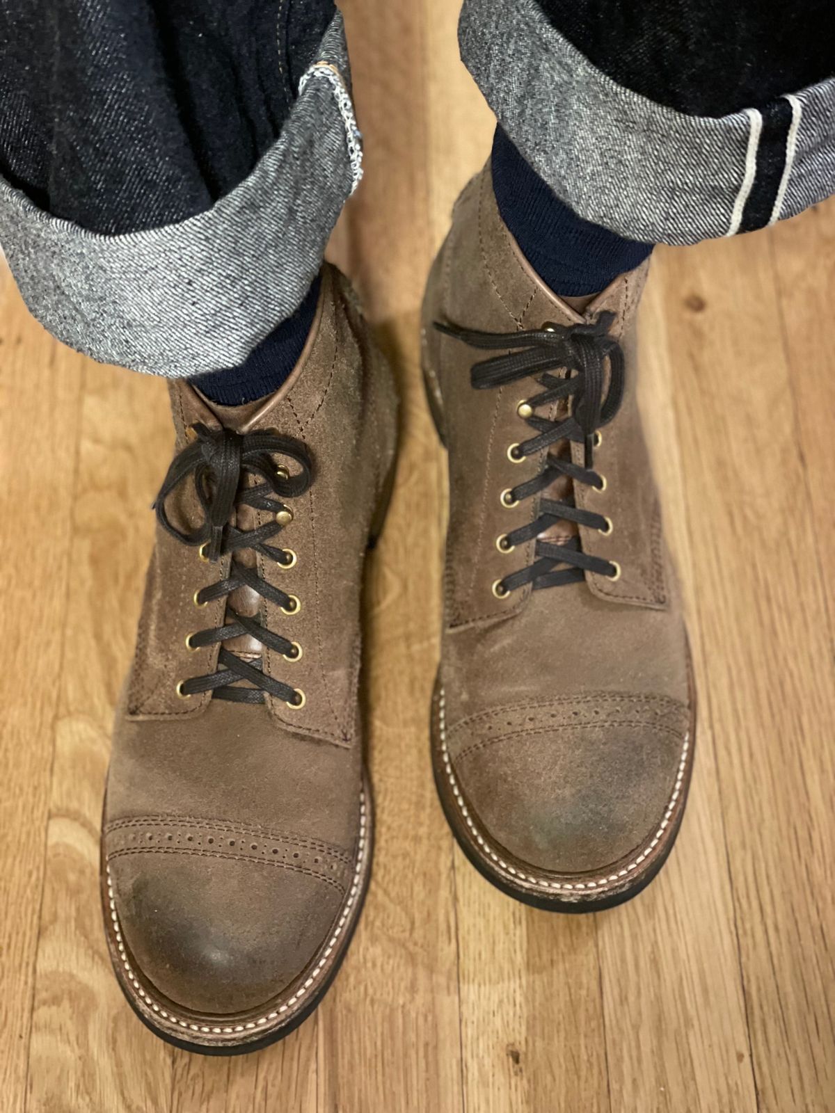 Photo by goodboots_badfeet on November 10, 2023 of the John Lofgren Combat Boots in Horween Natural Chromexcel Roughout.