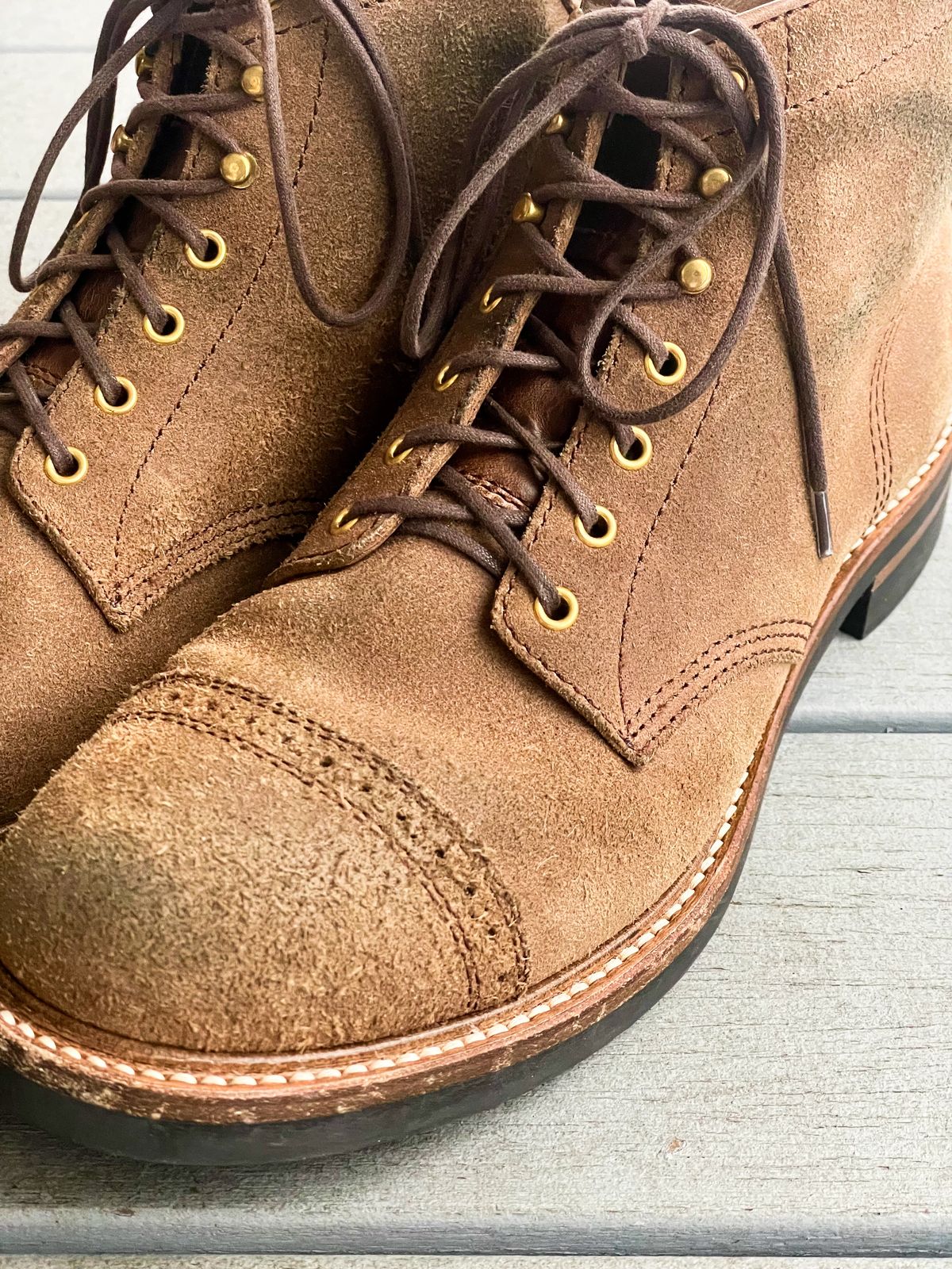 Photo by goodboots_badfeet on December 3, 2023 of the John Lofgren Combat Boots in Horween Natural Chromexcel Roughout.